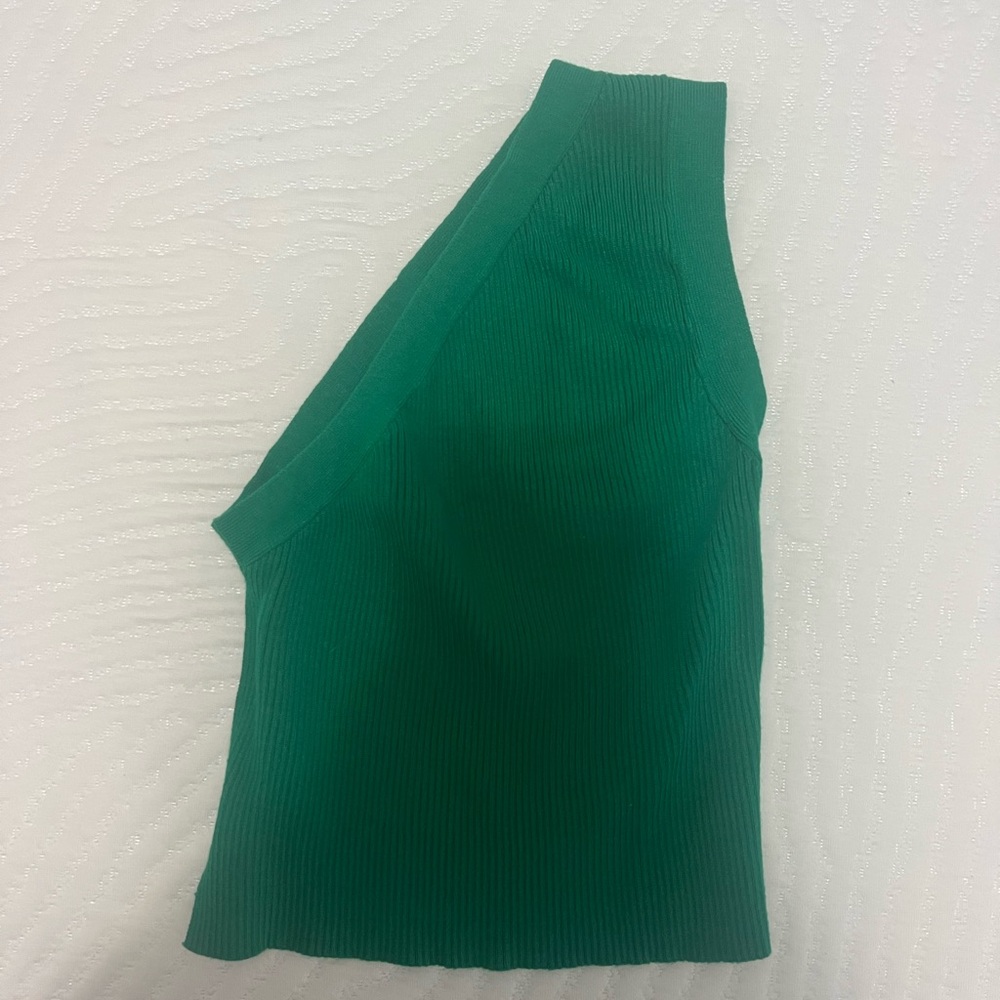 Green Ribbed Knit Asymmetrical Top